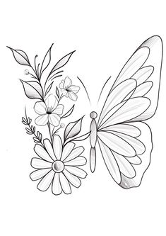 a black and white drawing of a butterfly with flowers