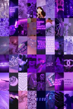 the collage is made up of purple and black images with neon lights on them