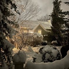 a house is covered in snow and surrounded by evergreens, shrubs, and trees