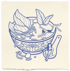 a blue ink drawing of a bowl of food