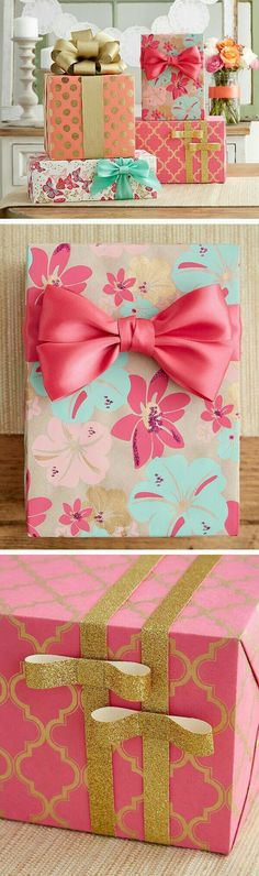 three different boxes with bows on them and one is pink, blue, gold and green