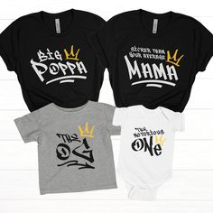 three shirts with the names of each child's name in different colors and designs