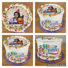 four pictures of a birthday cake with the same photo on it