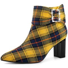 With a chunky heel and a pointed toe, these sleek ankle boots pay homage to classic plaid and will prove to be a worthwhile purchase in no time. Decorated with a rhinestone bow, it fastens with a zip at the side. The size zipper closure allows you to wear them on and off comfortably. Made of great material, these boots are breathable and durable. Plaid Boots, Pink Plaid Boots, Yellow Plaid Boots, Ankle Boots Skirt, Plaid Duck Boots, Red Plaid Kitten Shoes, Trendy Multicolor Ankle-high Boots, Yellow Ankle Boots, Plaid Heels