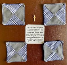 four pieces of cloth with a cross on it and a plaque in the middle that says, this pocket prayer quilt