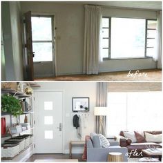 before and after pictures of a living room with white walls, windows, and furniture