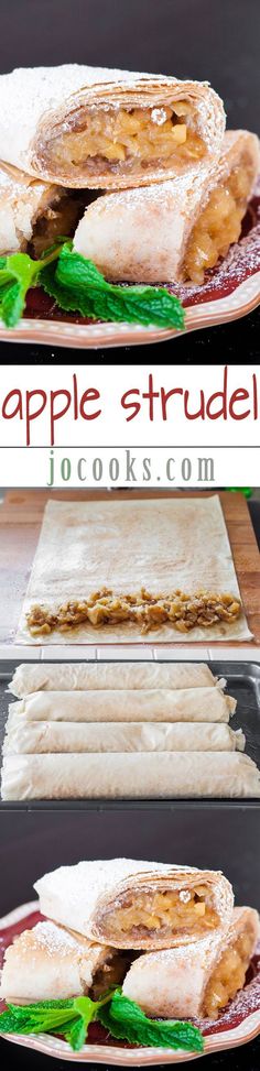 an apple strudel is cut in half and stacked on top of each other