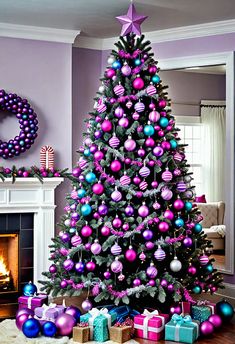 a brightly colored christmas tree in a living room decorated for the holidays with presents under it