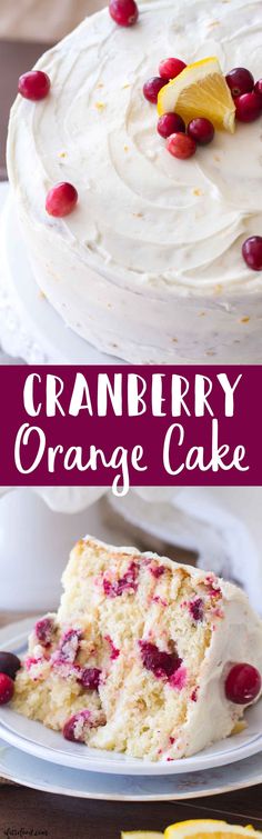 cranberry orange cake with white frosting on a plate