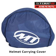 the helmet carrying cover is blue with white letters