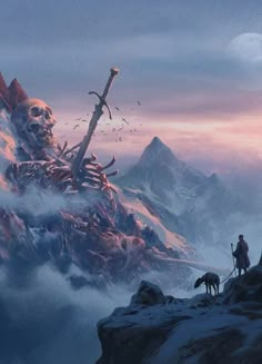 a man standing on top of a mountain next to a giant skull in the sky