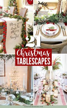 christmas tablescapes with candles, plates and napkins on the table in front of them