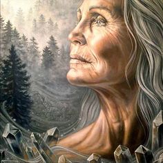 an older woman with long hair and trees in the background is painted on a wall