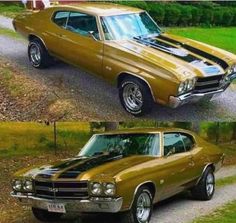 two pictures of the same car, one in gold and one in black with stripes on it