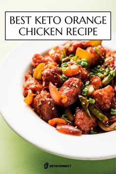 an easy keto orange chicken recipe in a white bowl on a green tablecloth