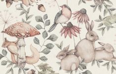 a wallpaper with animals and flowers on it's side, including birds, mushrooms, butterflies, and leaves