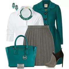 Working Girl Outfits, Turquoise Clothes, Teal Outfits, Office Outfit Ideas, Patent Heels, Teal And Grey, Orla Kiely, Grey Outfit, Office Outfit