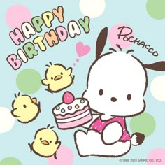 a happy birthday card with a bunny holding a piece of cake and chicks around it