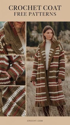 the crochet coat is shown in three different colors, and has two rows of stripes