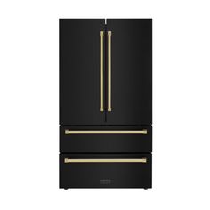 a black refrigerator freezer with gold handles and two drawers on the bottom, against a white background