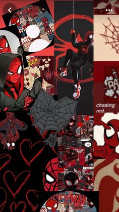 a collage of various images with red and black designs on them, including spider - man