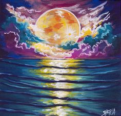 an acrylic painting of the moon over water