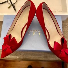 Stunning Red Satin Pointed-Toe Pump With Signature "Something Bleau" Bow. This Shoe Was Made In Italy With The Finest Of Fabric And Leather. The Color Is An Exquisite Shade Of Red. A Perfect Wedding Pump - If You Are The Bride Or Mother Of The Bride. Size 10! Fits True To Size. However, Did Order Up A Size Due To The Pointed-Toe Style. Heel Is Not Overly High - 2.5 Inches. Wedding Pumps, Shade Of Red, Red A, Red Satin, Shades Of Red, Bridal Shoes, High Heel Shoes, Mother Of The Bride, Perfect Wedding