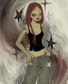 a drawing of a girl with red hair and stars on her arm, standing in front of a cross