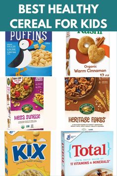 cereal boxes with the words best healthy cereal for kids on them and pictures of cereal