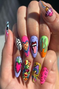 Music Festival Nails Ideas, Edc Nails Designs, Psychadelic Nails, Lsd Nails, Beach Toe Nails, Planet Nails, Acrylic Nails Stiletto