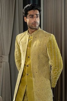 Gold, yellow jodhpuri jacket with thread, zardozi, sequin embroidery in floral pattern. Paired with sherwani and narrow pant. - Aza Fashions Sequin Embroidery, Gold Silk, Gold Thread, Sequins Embroidery, Silk Velvet, Mandarin Collar, Gold Yellow, Embroidery Thread, Aza Fashion