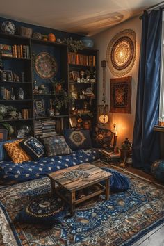 a living room filled with lots of furniture and bookshelves next to a window