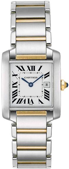 W51012Q4 | CRW51012Q4 CARTIER TANK FRANCAISE MIDSIZE UNISEX GOLD & STEEL WATCH Usually ships within 3 months | View In Stock Cartier Watches - Free Overnight Shipping - With Manufacturer Serial Numbers - Swiss Made - Roman Numeral Grained Silver Dial - Gold Octagonal Crown Set With A Sapphire Cabochon - Sword Shaped Blue Hands - Battery Operated Quartz Movement - 3 Year Warranty - Guaranteed Authentic - Certificate of Authenticity - Manufacturer Box & Manual - Polished With Brushed Gold & Steel Bracelet - Scratch Resistant Sapphire Crystal - 30 Meters / 100 Feet Water-Resistant - 29.5mm x 25mm = 1 1/8" x 1" Case - 6" Adjustable Bracelet - Deployment Buckle - Free Bracelet Sizing - Free Lifetime Battery Replacement     Also Known As Model # 51012Q4 Cartier Tank Francaise, Sapphire Cabochon, Ladies Watches, Cartier Tank, Cartier Watch, Free Bracelet, Roman Numeral, Steel Watch, Roman Numerals