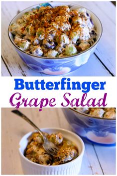 two pictures with the words butterfingerer grape salad in them