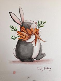 a drawing of a rabbit with carrots on its back and ears wrapped around it's body