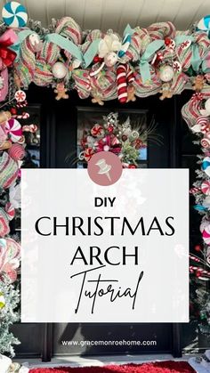 a christmas wreath with the words diy christmas arch topiary on it in front of a door