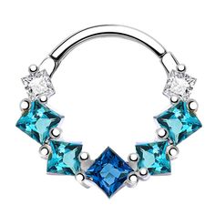 a pair of blue and clear crystal stone hoop earrings