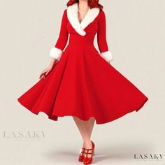 Lasaky - Christmas Fashion Long-Sleeve Dress with Chic Faux Fur Collar, Seductive Low-Cut and Slim-Fit Design Dress With Fur, Sleeveless Bodycon Dress, Mid Length Skirts, Elegant Christmas, Faux Fur Collar, Christmas Fashion, Christmas Dress, Fur Collar, Collar Dress