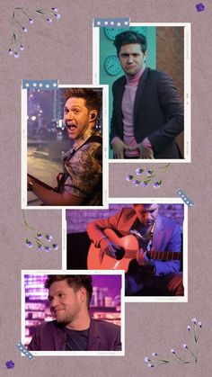 four different pictures of two men and one is playing an acoustic guitar while another man plays the guitar