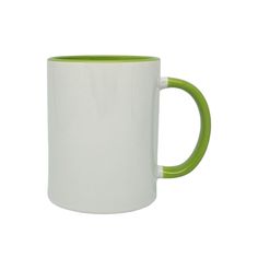 a green and white coffee mug on a white background with the bottom half turned down