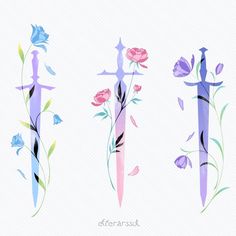 three different types of swords with flowers on each one and the other two are painted in pastel colors