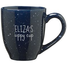 a blue coffee mug with the words, ella's sippy cup on it