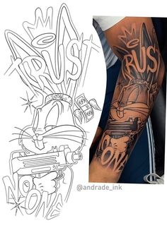 a man's arm with graffiti on it and the word bus written in black ink