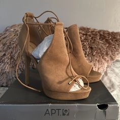 Apt9 Suede Like Tan Ankle Tie Sandals. 5” Heel. Never Been Worn. Beautiful. In Original Box. Fitted Suede Sandals For Spring, Spring Ankle Tie Sandals For Night Out, Ankle Tie Sandals For Spring Night Out, Spring Fitted Ankle-high Sandals, Spring Ankle Tie Fitted Sandals, Fitted Ankle Tie Sandals For Spring, Ankle-high Suede Sandals For Summer, Luxury Tan Closed-toe Sandals, Brown T-strap Sandals With Woven Sole For Vacation