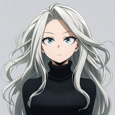 an anime character with long white hair and blue eyes wearing a black turtle neck sweater