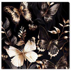 a black background with gold and white butterflies