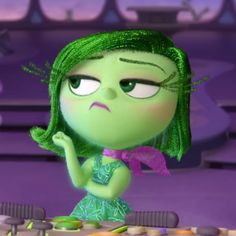 a cartoon character with green hair is looking down at something in front of her face