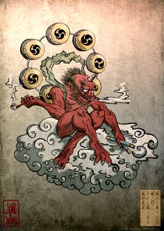 an image of a demon on top of a wave with money symbols in the air