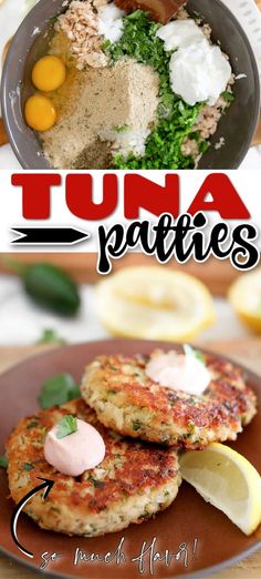 there is a plate with some food on it and the words tuna patties above it