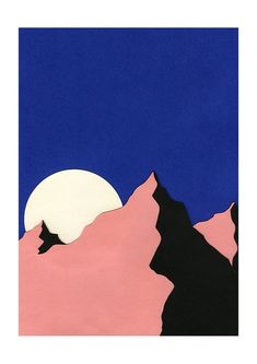 an abstract painting of mountains with a full moon in the background